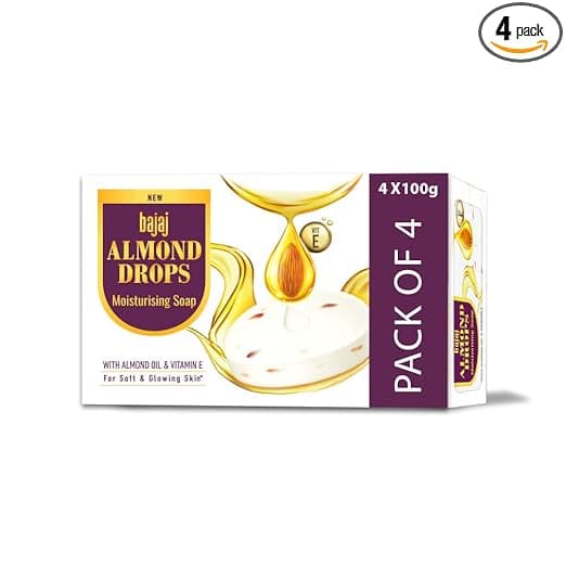 Bajaj Almond Drops Moisturising Soap - Almond Oil & Vitamin E, For Soft & Glowing Skin, 100 g (Pack of 4)