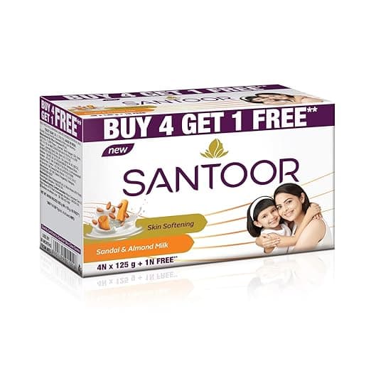 Santoor Sandal & Almond Milk Soap 125g (Buy 4 Get 1 Free) + Sandal & Turmeric Soap 100g, Combo (2 Items)