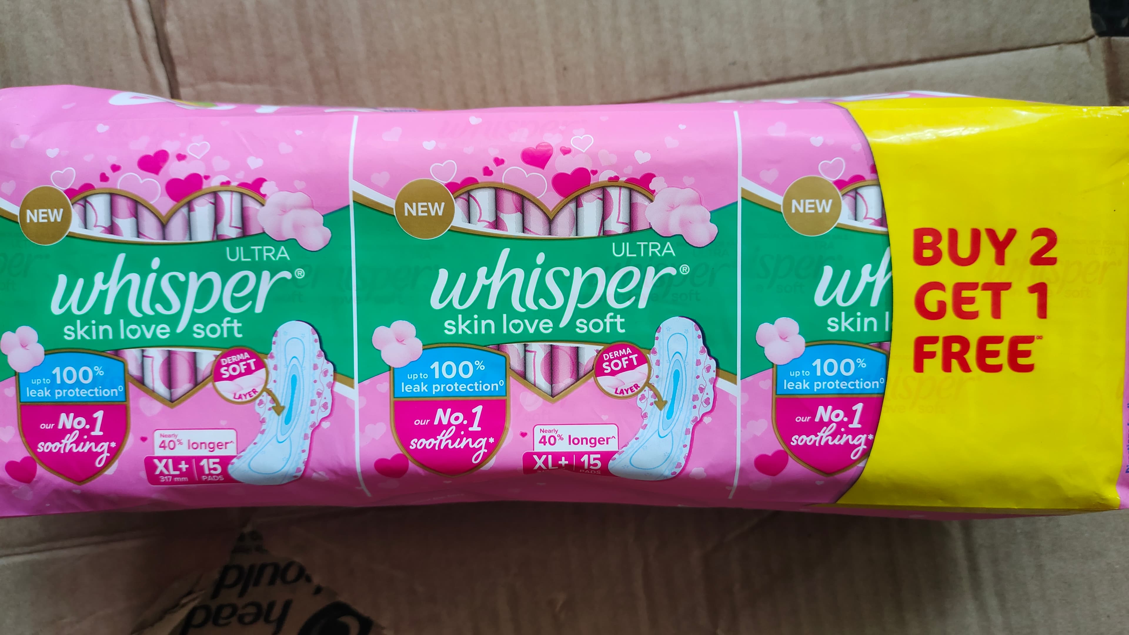 Whisper ultra skin love soft XL 317mm 15 pads buy 2 get 1 free