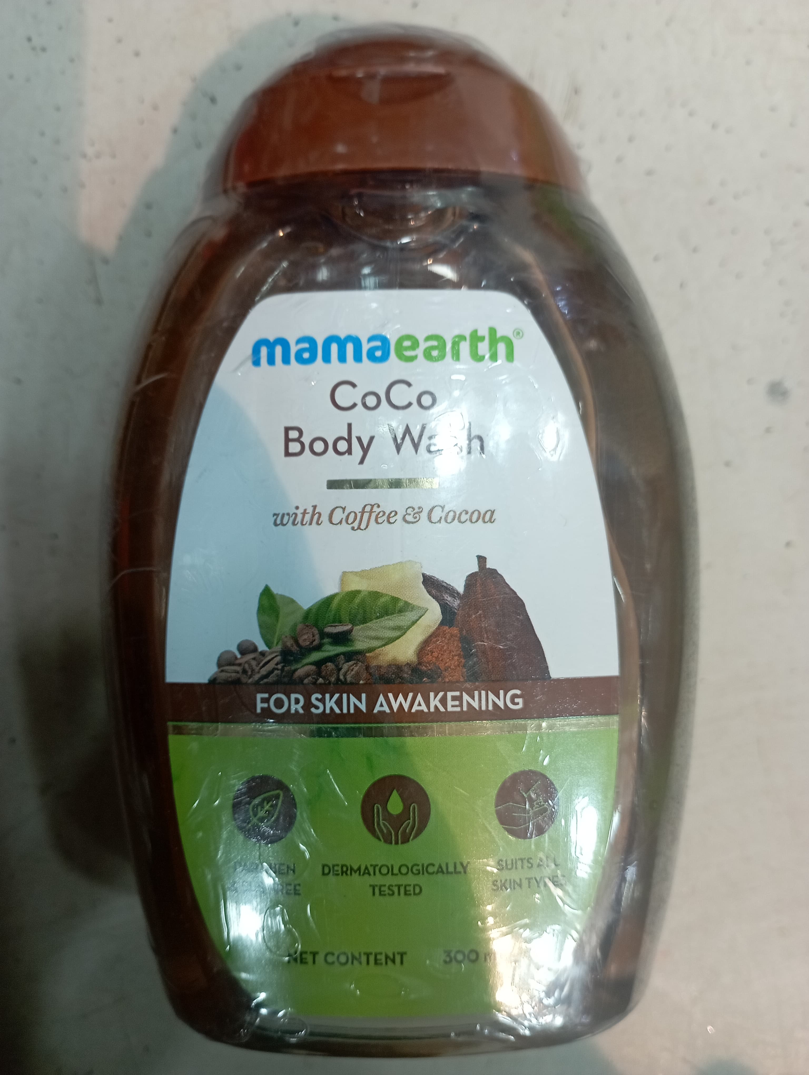 Mamaearth® Coco Body wash With coffee & coa For skin awakening Para en dermatologically-suits all Sls free Tested Skin types Net content 300 ml