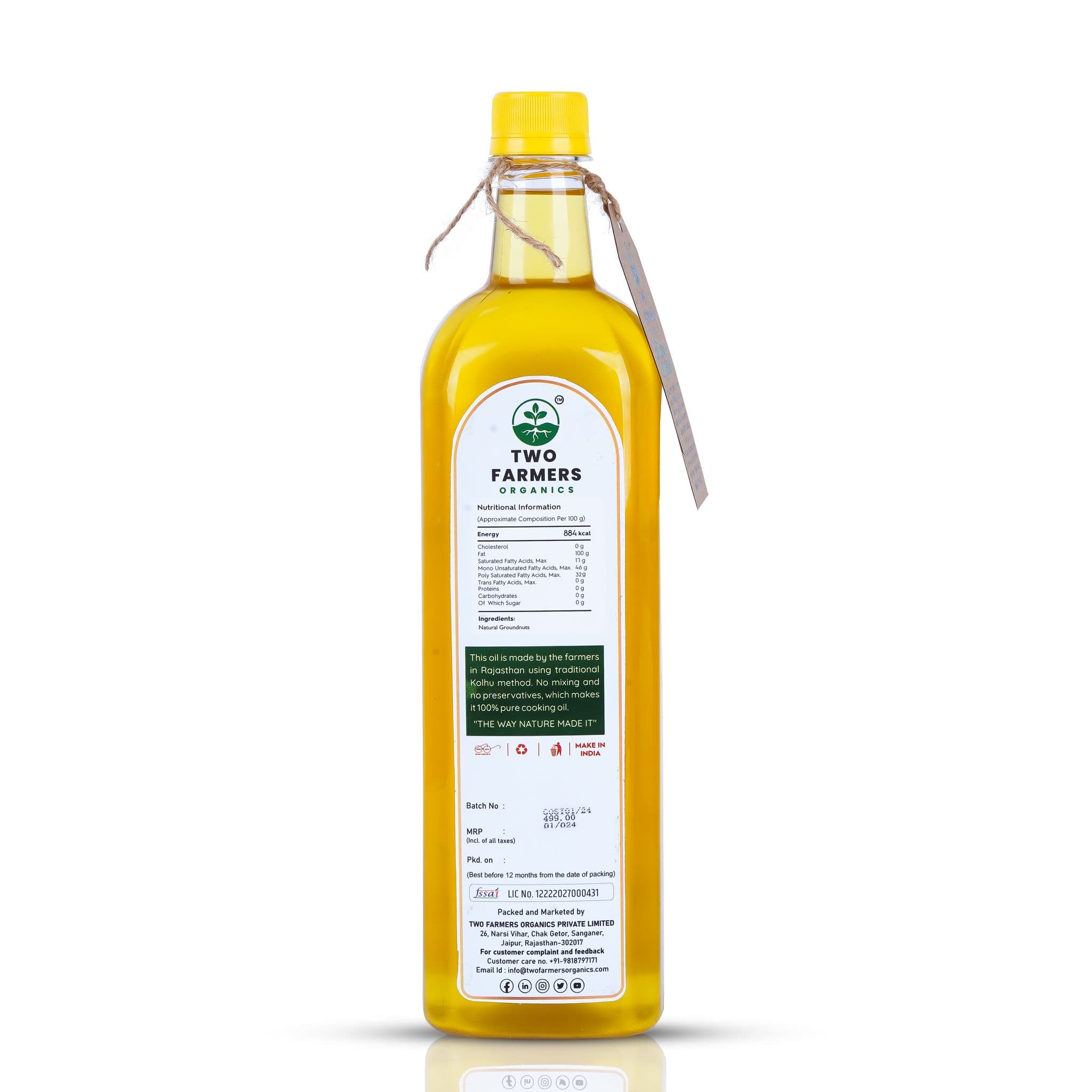 TWO FARMERS ORGANICS Groundnut Oil (1L) | Cold-pressed| Unrefined| Extra Virgin | 100% Pure and Natural Kacchi Ghani Moongfali Oil