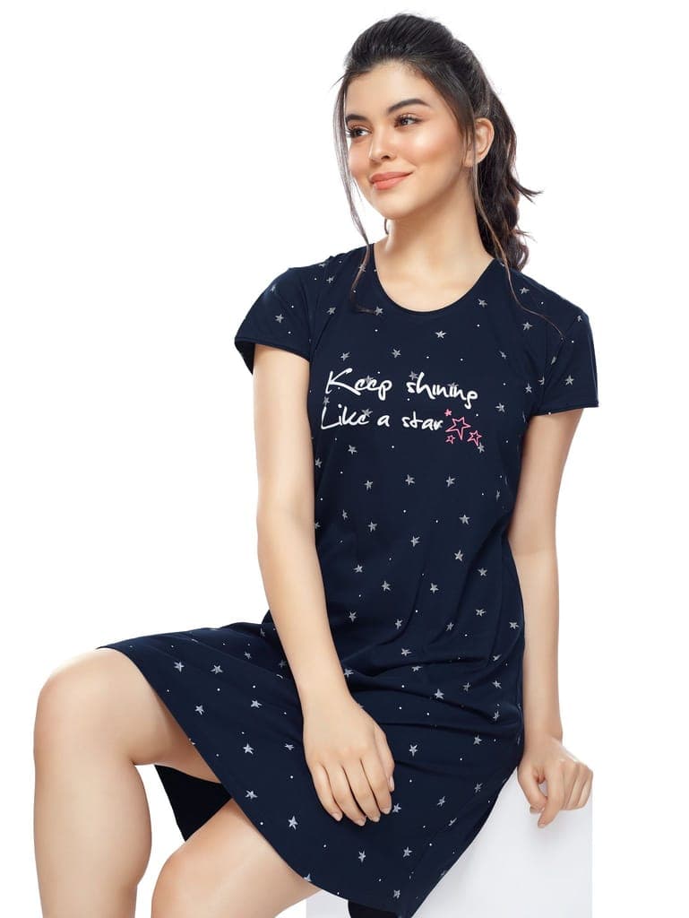 ZEYO Women Cotton Night Dress Brown Star Print Short Nighty