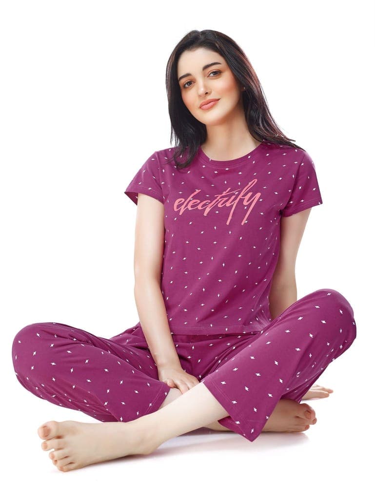 ZEYO Women's Cotton Navy Blue Flash Printed Stylish Night suit set