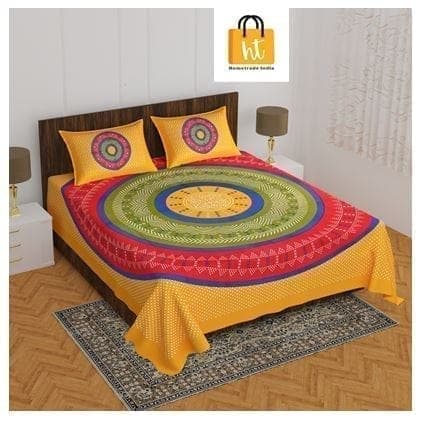 3001-Hometrade India-Standard King Size (90*108 Inches) Double Bedsheet With 2 Pillow Cover-RJ-14-Jaipur lining-3224