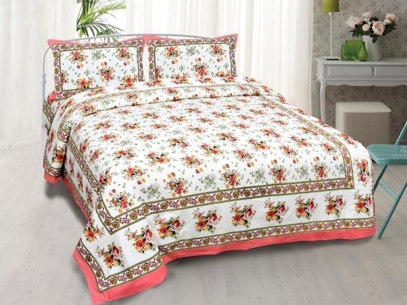 3001-Hometrade India-Standard King Size (90*108 Inches)-Pure Cotton Jaipuri Double Bedsheet With Matching Pillow Cover