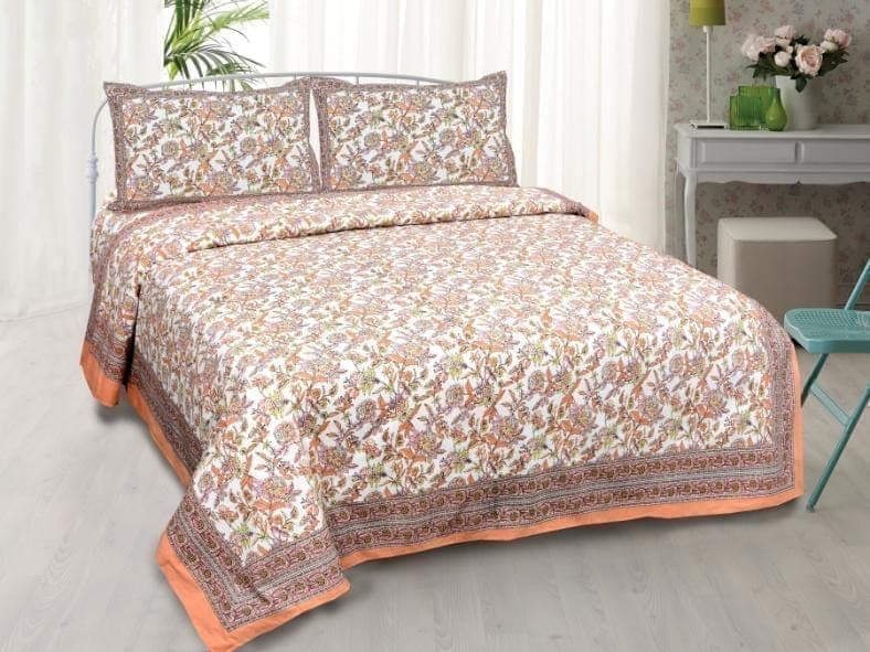 3001-Hometrade India-Standard King Size (90*108 Inches)-Pure Cotton Jaipuri Double Bedsheet With Matching Pillow Cover