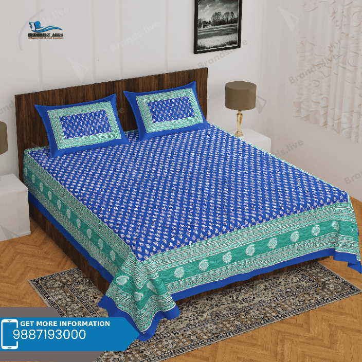 3001-Hometrade India-Standard King Size (90*108 Inches)-Pure Cotton Jaipuri Double Bedsheet With Matching Pillow Cover