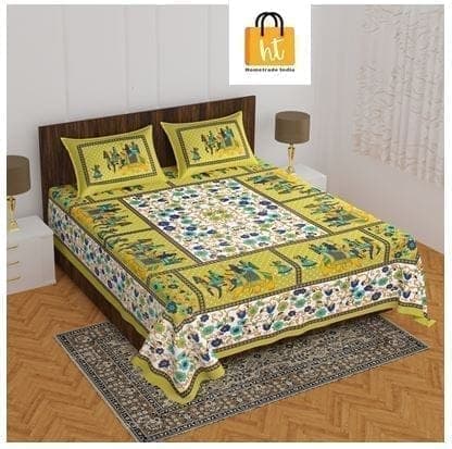 3001-Hometrade India-Standard King Size (90*108 Inches)-Pure Cotton Jaipuri Double Bedsheet With Matching Pillow Cover
