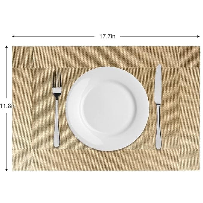 Placemats for Dining Table Set of 4, Washable PVC Placemats for Kitchen Table, Heat Resistant Non-Slip Place Mats for Kitchen, Dining, Home Decor (Gold, 17.7" x 11.8")