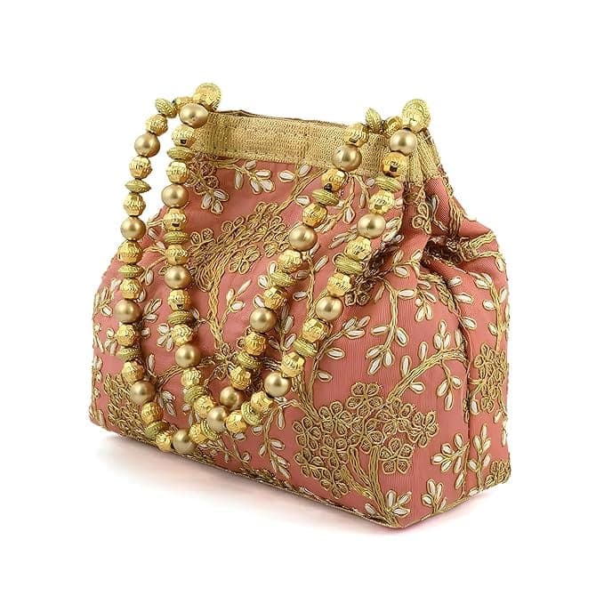 "Exquisite Hand Embroidered Potli Bag with Pearl Beaded Handle for Women, Ethnic Wedding Partywear Clutch Purse"