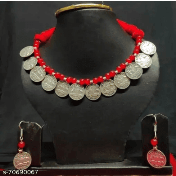 oxidized silver coin necklace set with red beads