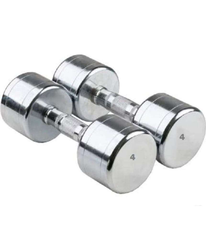 A pair of 4 KG round steel chrome dumbbells for home and gym use
