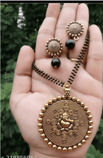 oxidised gold plated lord ganesha pendant set with black beads chain
