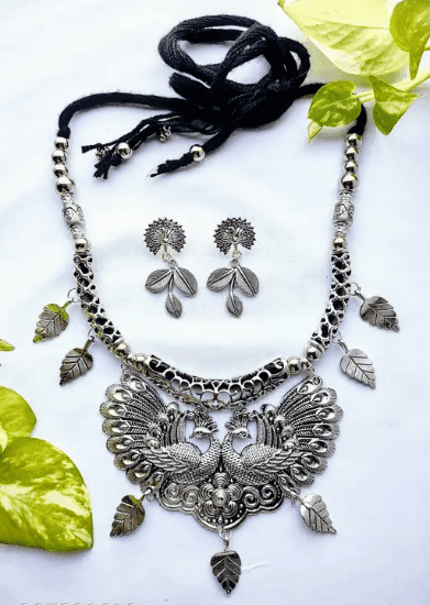 Oxidized German Silver Plated Peacock Design Necklace Set with Earrings for Women