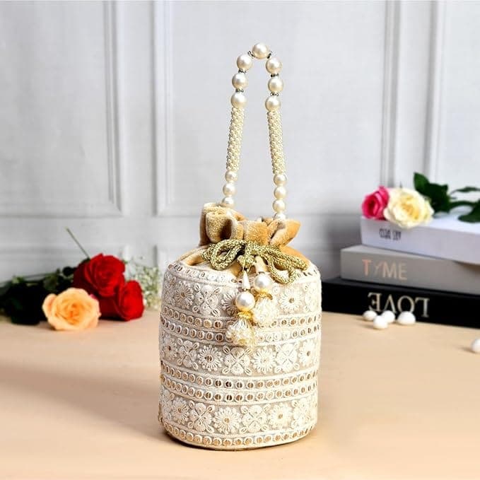 Pearl Beaded Cream Velvet Drawstring Bag with Embroidered Floral Design