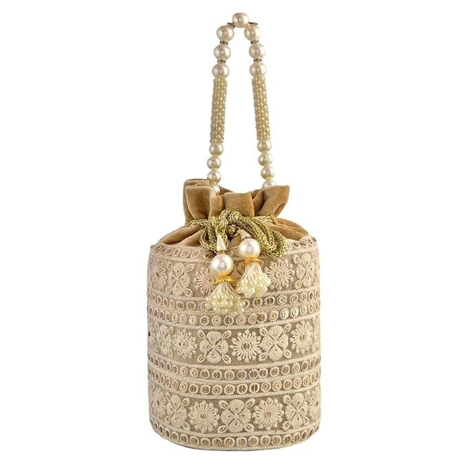 Pearl Beaded Cream Velvet Drawstring Bucket Bag with Embroidered Floral Sequin Accents