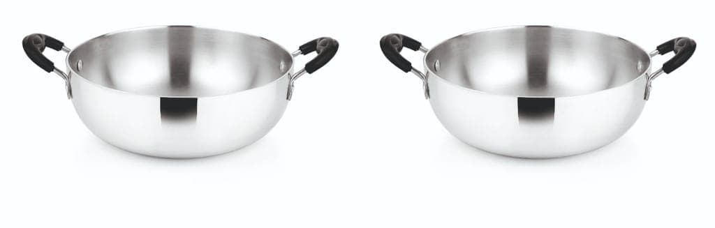 Set of 2 Stainless Steel Kadhai with Black Handles - 1.5 Litre and 2 Litre