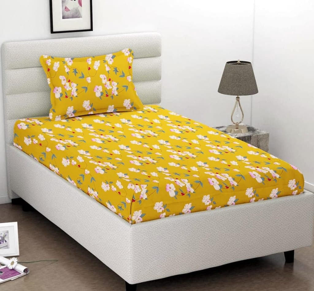 Yellow Floral Single Bed Sheet with 1 Pillow Cover