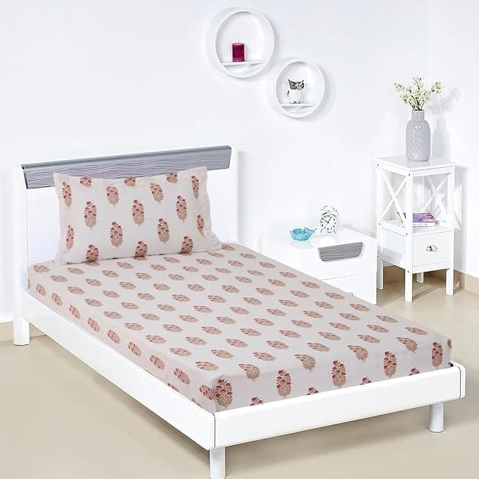 Jaipuri Cotton Single Bedsheet with 1 Pillow Cover, Pink Floral Print, 60x90 Inches
