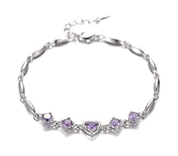 "Stunning Silver Bracelet with Purple Heart-Shaped Crystals"