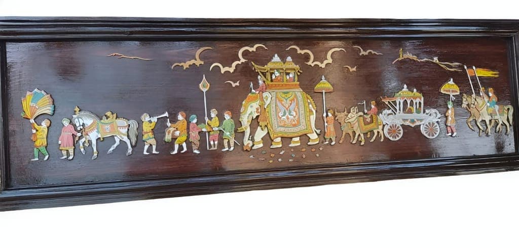 Handcrafted Wooden Wall Art Decor with Intricate Elephant and Horse Motif