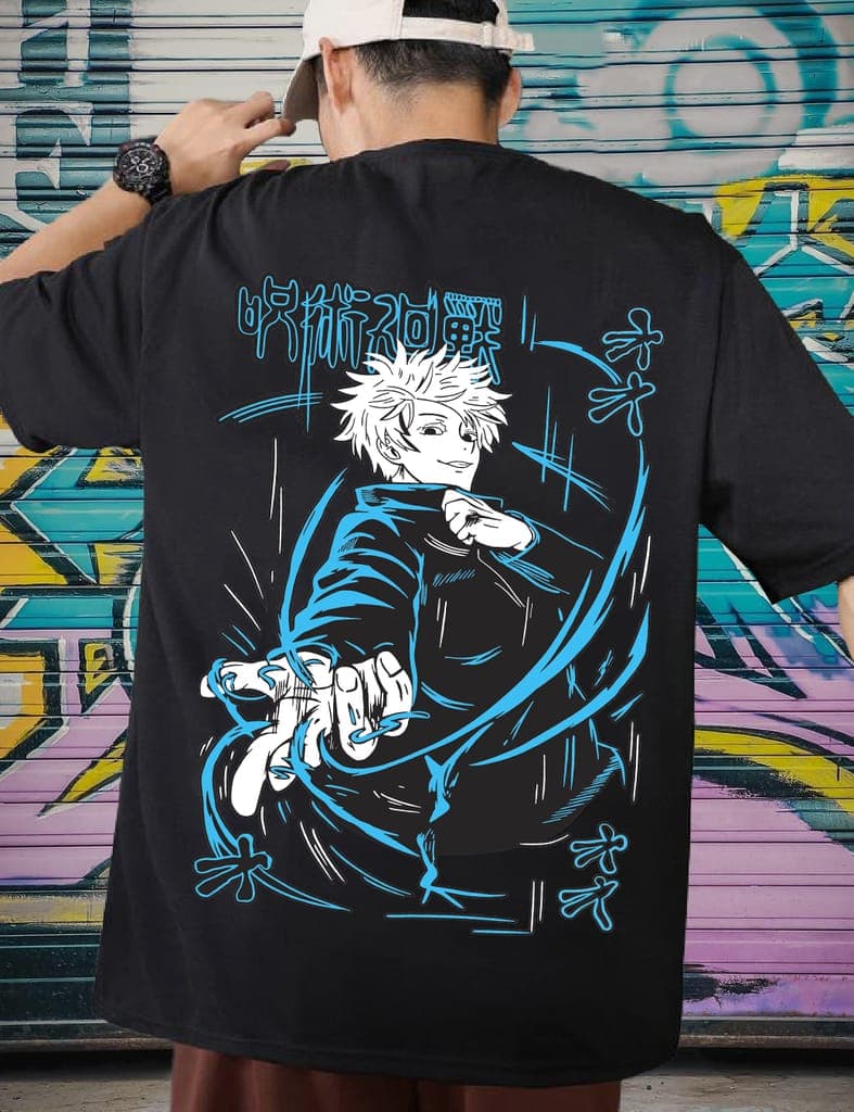 Scott Fincher Oversized Black T-shirt with a graphic of Satoru Gojo from the anime series Jujutsu Kaisen : AA(ARN)BLACK_130