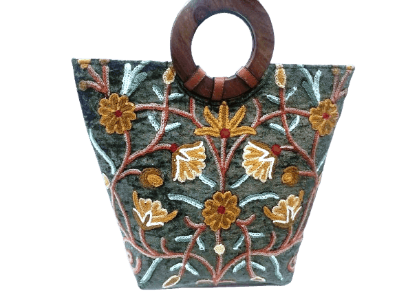 Floral Tapestry Tote Bag with Wooden Handles