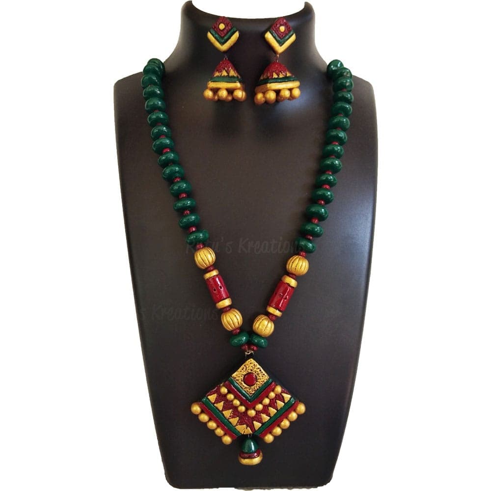 Maroon and Green Terracotta Necklace Set with Jhumkas