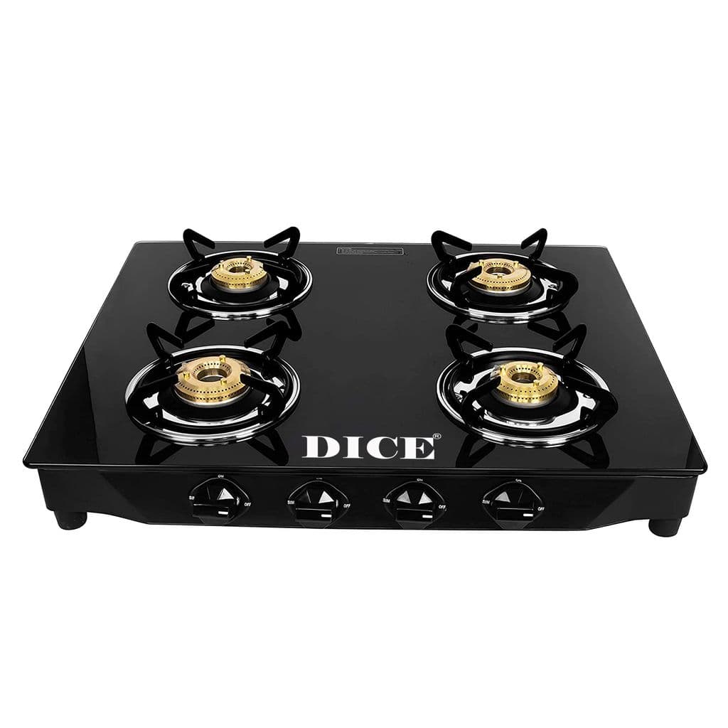 Dice 4 Burner Gas Stove In Black Glass Top With 2 Year Warranty | ISI Certified |