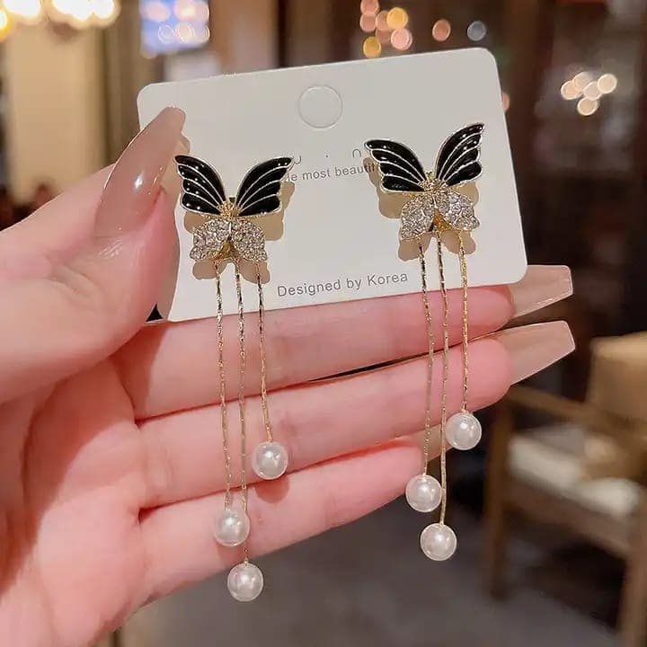 Elegant Black Butterfly Dangle Earrings with Pearl Tassels - Korean Style