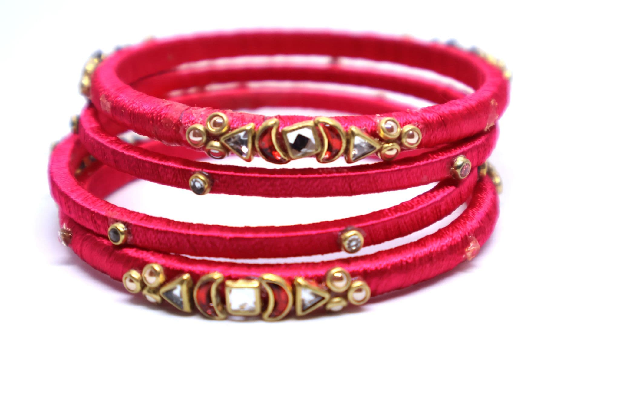 Elegant Pink Silk Thread Bangles Set with Kundan Stone Work for Women