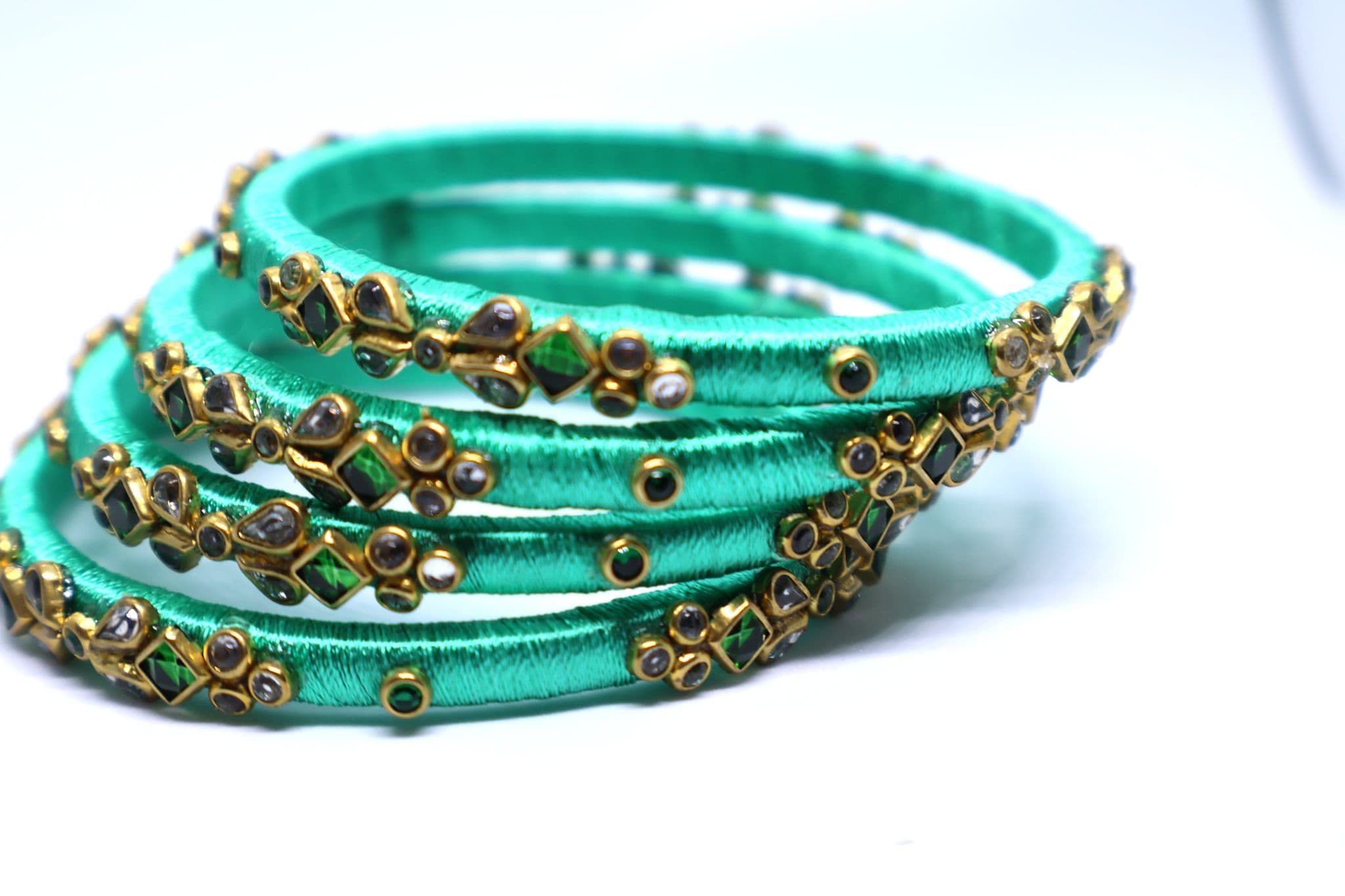 Elegant Green Silk Thread Kundan Bangles Set | Traditional Ethnic Designer Jewelry