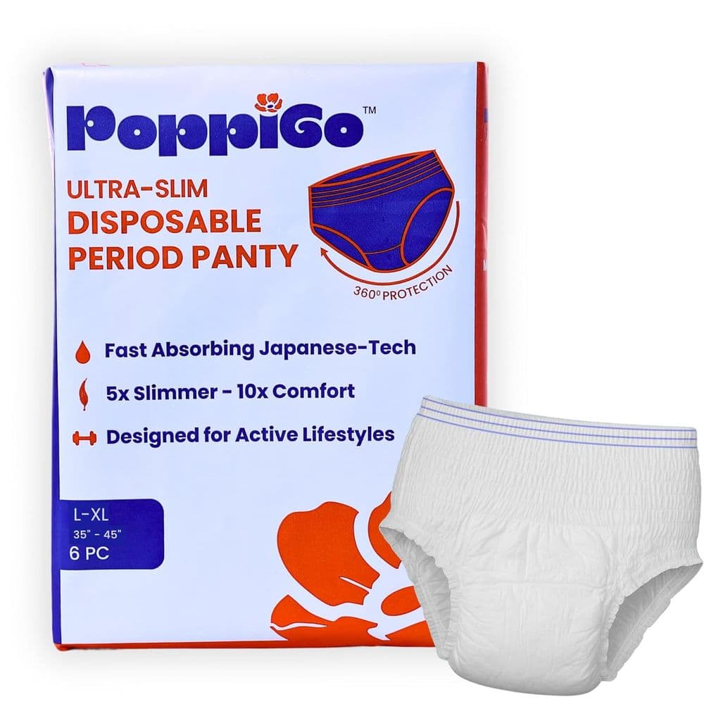 PoppiGo Ultra-Slim Disposable Period Panty for Girls | L-XL | 6pc | Heavy Flow Protection & Rash-Free | 360 Degree Coverage | Japanese Gel Core | Dispsoble period panties for Women | pads for women