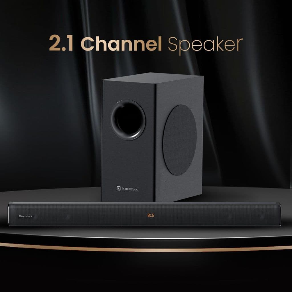 Portronics Pure Sound 107 | 200W Soundbar with Subwoofer for Deep Bass, 2.1 Channel Home Theatre, 3D Surround Sound, HD Sound, 3 EQ Modes, Bluetooth 5.3V, HDMI, AUX in, USB, Optical Port (Black)
