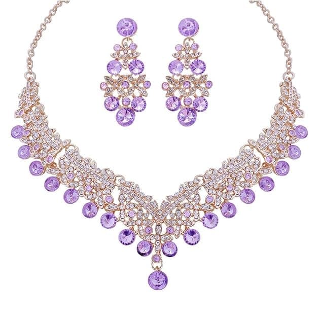Elegant Gold Plated Purple Rhinestone Necklace & Chandelier Earrings Set
