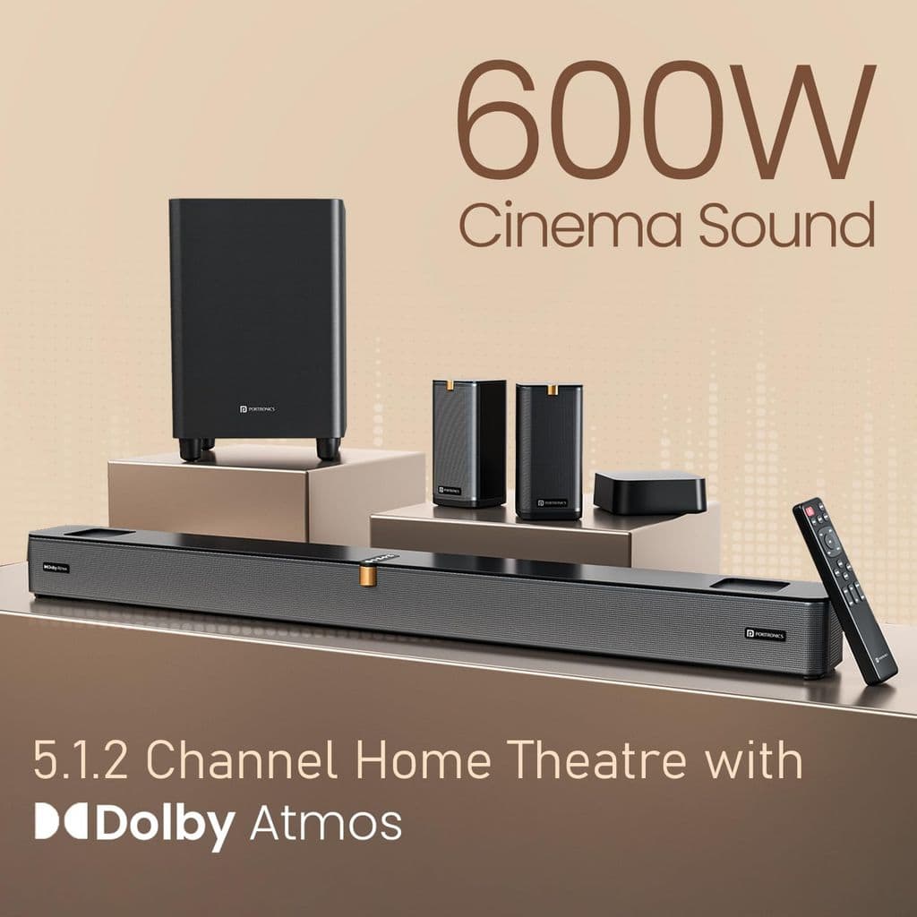 Portronics 600W Sound Slick X1 5.1.2 CH Dolby Atmos Soundbar Home Theatre with Wireless Satellite Speaker, Wired Subwoofer, Wide Comptability, HDMI ARC, Bluetooth & Optical Connectivity (Black)