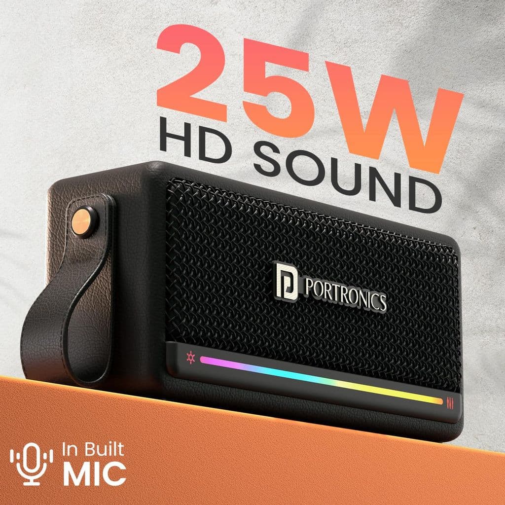 Portronics Harmony Mini 25W HD Premium Portable Bluetooth Speaker with Subwoofer, EQ Adjustment, 6 Hours Playtime, in-Built Mic,TWS Mode,RGB Lights, Bluetooth V5.3, Type C Fast Charging(Black)