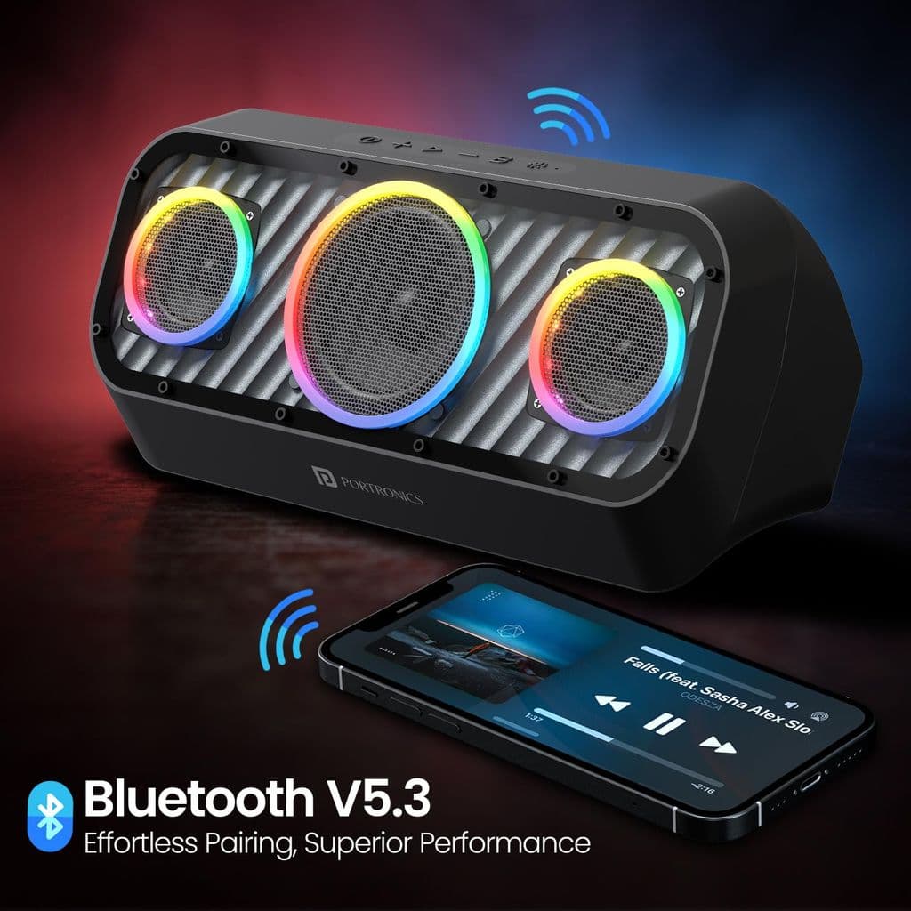 Portronics Microblast 60W HD Sound Portable Party Speaker With Bass Boost Technology, Upto 5 Hours Playtime, 2.1 Channel, RGB LED Lights, Bluetooth 5.3V, AUX In,USB Drive,SD Card, Type C Fast Charging