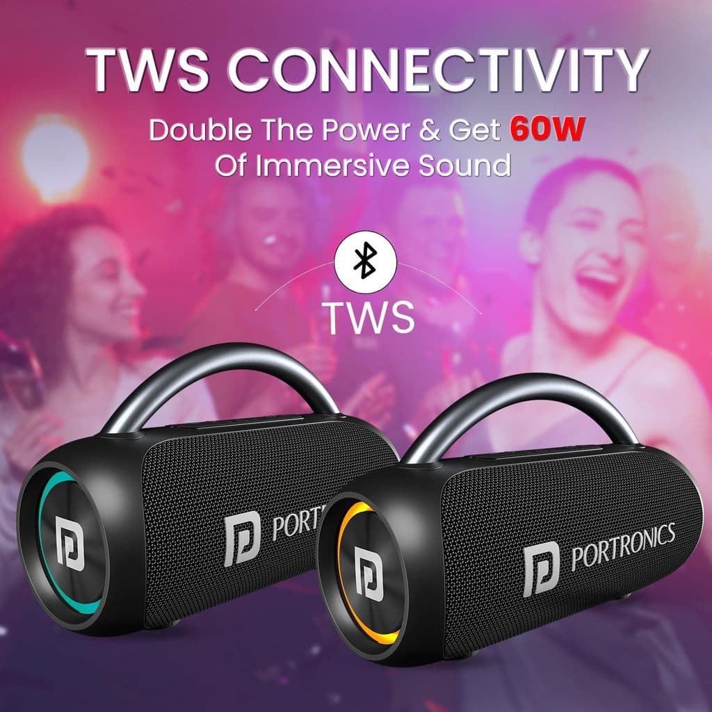 Portronics Radiant 30W Wireless Bluetooth Portable Speaker With In-Built Mic,6 Hours Playtime,HD Clarity Sound,Dual Driver,RGB LEDs,TWS Connectivity,BT5.3v,USB Drive,Aux in,Type C Fast Charging