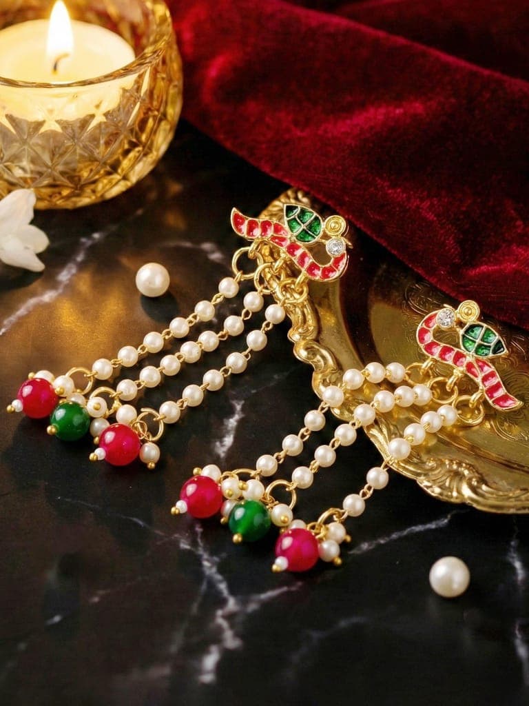 LUCKY JEWELLERY Gold Plated Enamel Bird Design Earrings with Moti & Magenta Green (225-KEG-9881-RG)