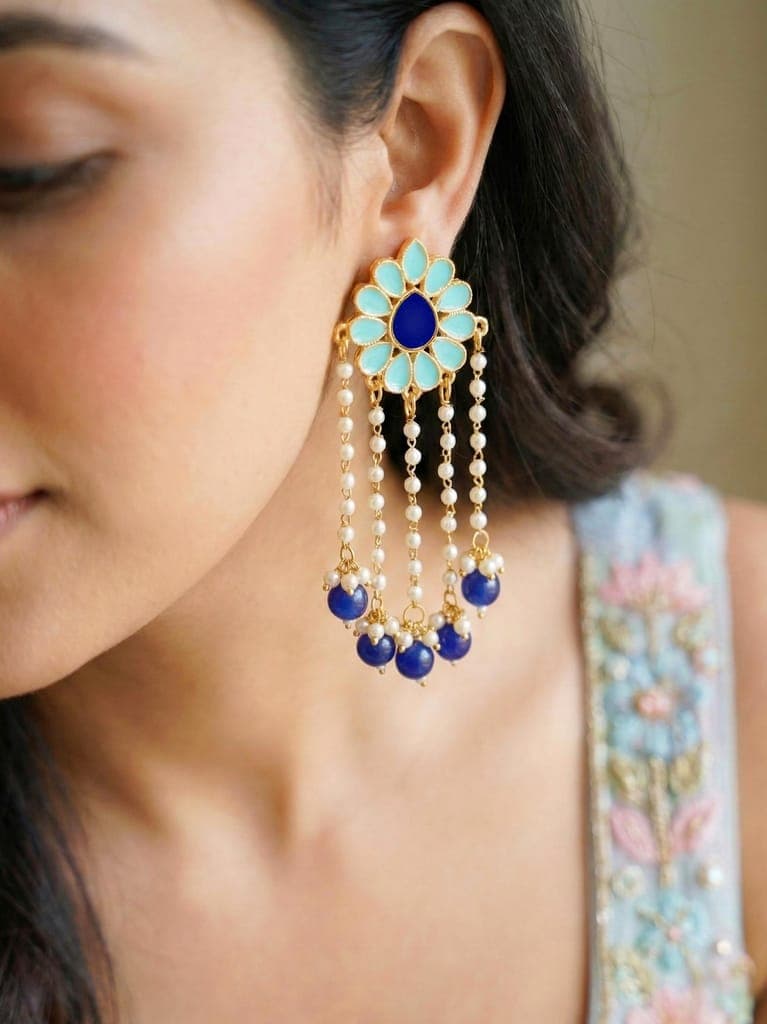LUCKY JEWELLERY Gold Plated Enamel Floral Long Earrings with Moti Layers & Blue  (354-KEO-13113-FB)