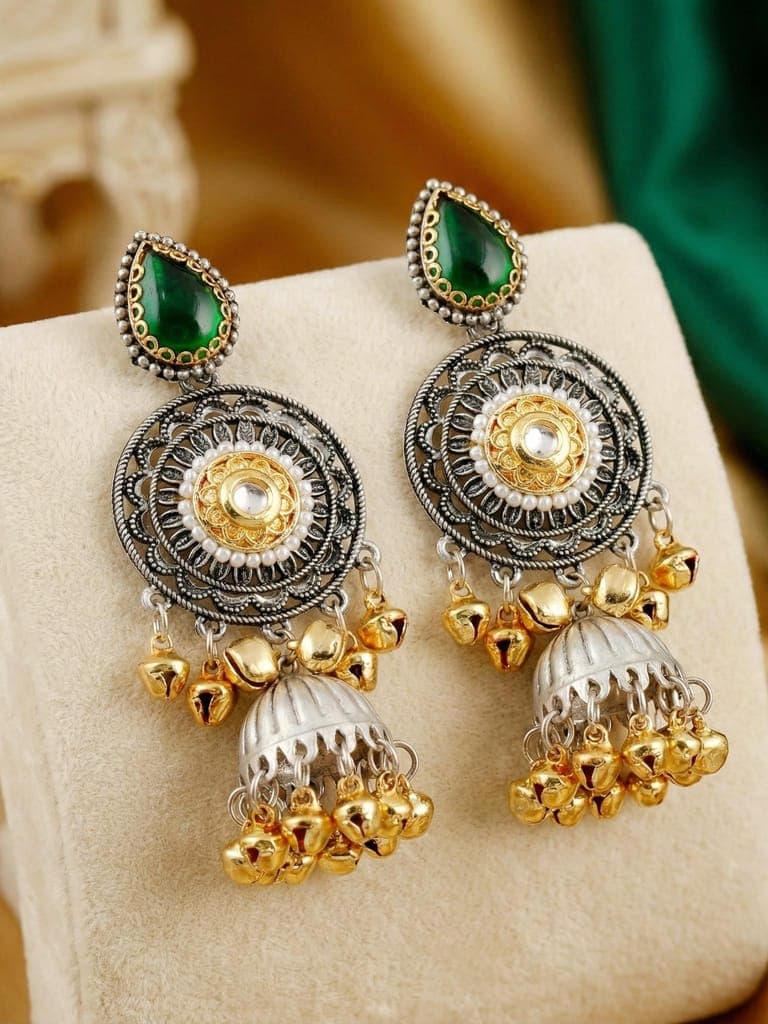LUCKY JEWELLERY Dual Tone Oxidised   Earrings with Green Stone & Golden  (502-KEO-16911-G-SG)