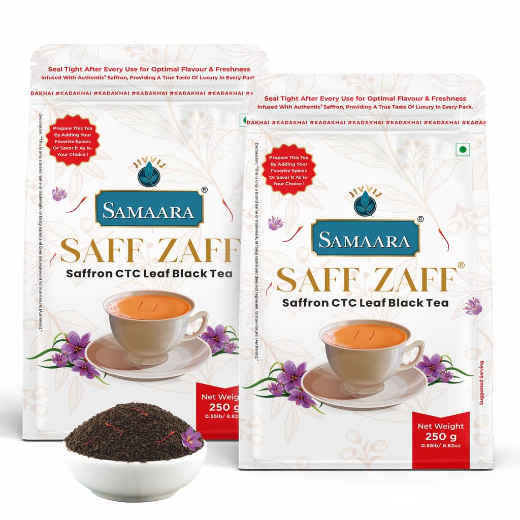 Jivvij Samaara Saffron Black Tea | Flavoured CTC Assam Black Leaf Tea | Kesar Chai Patti Powder | Saff Zaff Pouch