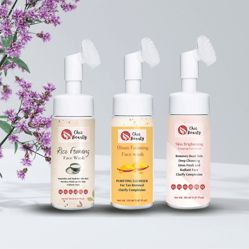 chic-beauty-foaming-face-wash-combo-with-built-in-silicone-brush-(rice-foaming-face-wash-150ml-+-ubtan-foaming-face-wash-150ml-+-skin-brightening-foaming-face-wash-150ml)1