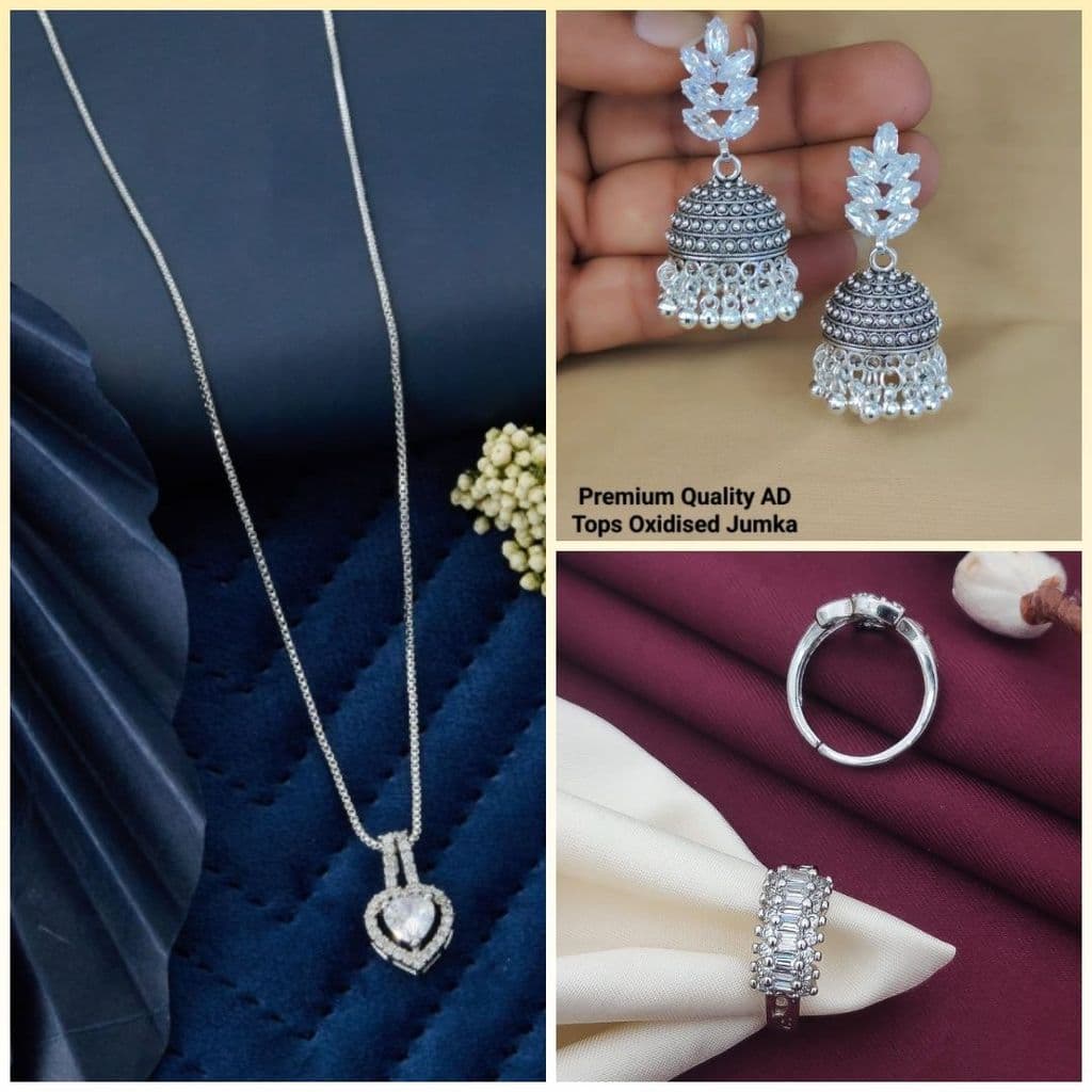fancy-sliver-a.d-chain-pendant-for-girls-and-women's-(1)-&-silver-diamond-oxidised-earrings-jhumka-(9)-&-ad-stone-silver-free-size-finger-ring-(combo-pack-of-2-pic-&-1-pairs)1