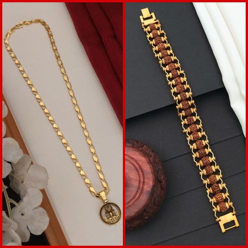 mahakal-fancy-gold-plated-long-chain-pendanle-&-gold-rudraksha-bracelet--for-man's-and-boy's-(combo-pack-of-2-pic)1