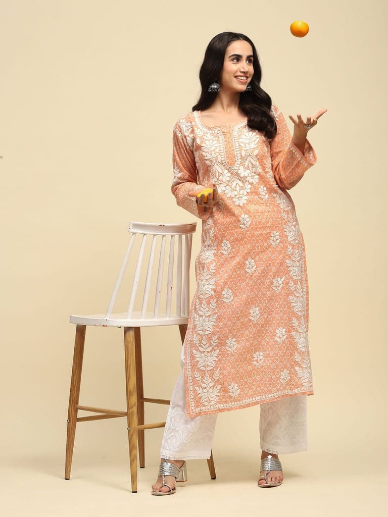 mulmul-chikankari-printed-women's-long-kurta---orange1