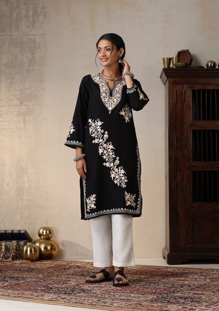 hoc-crafts-aari-embroidered-woollen-solid-women's-long-kurta---black1