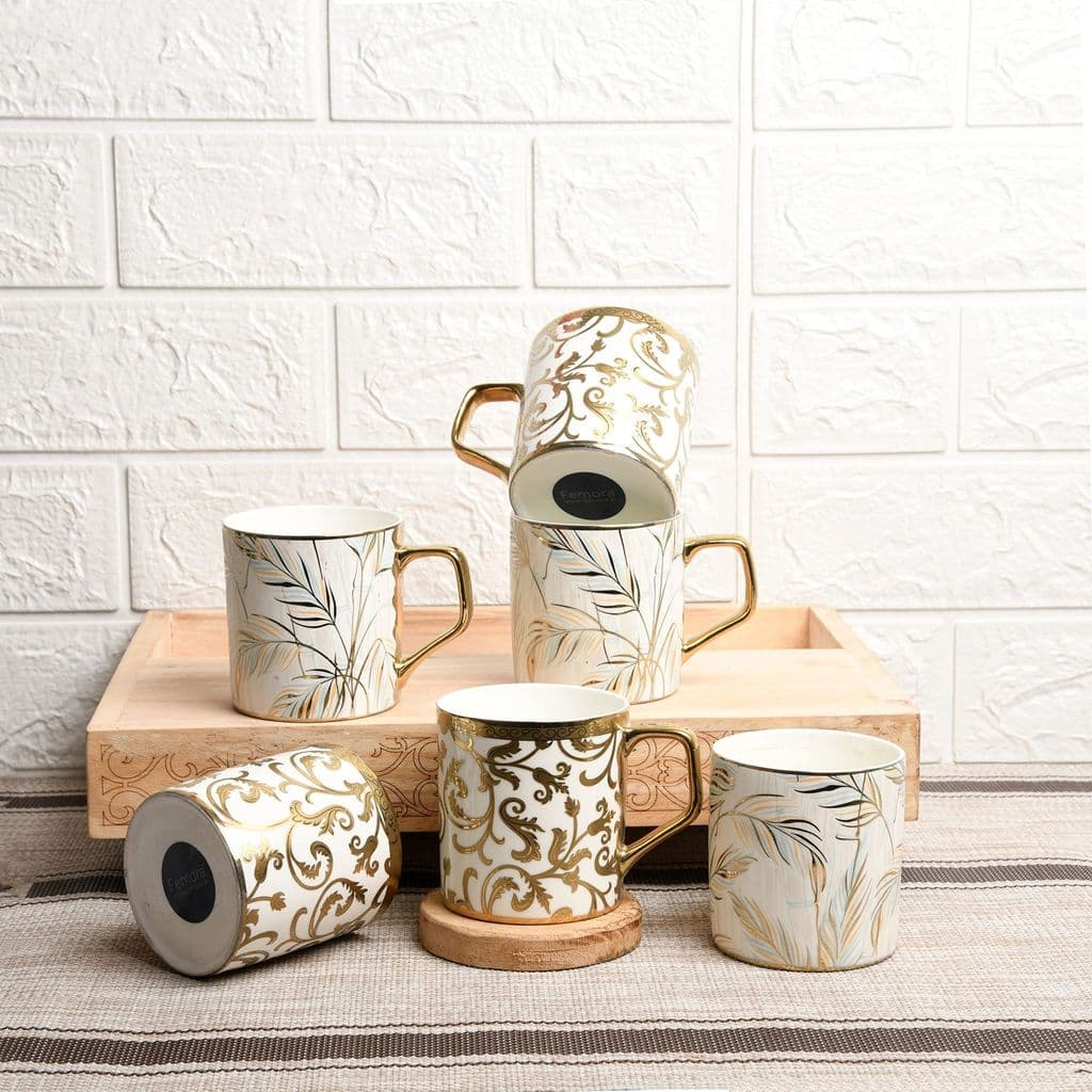 femora-gloden-floral-tropical-motif-pattern-golden-tea-mugs,-ceramic-tea-cups,-coffee-mugs-(180-ml,-golden)---6-pcs-set1