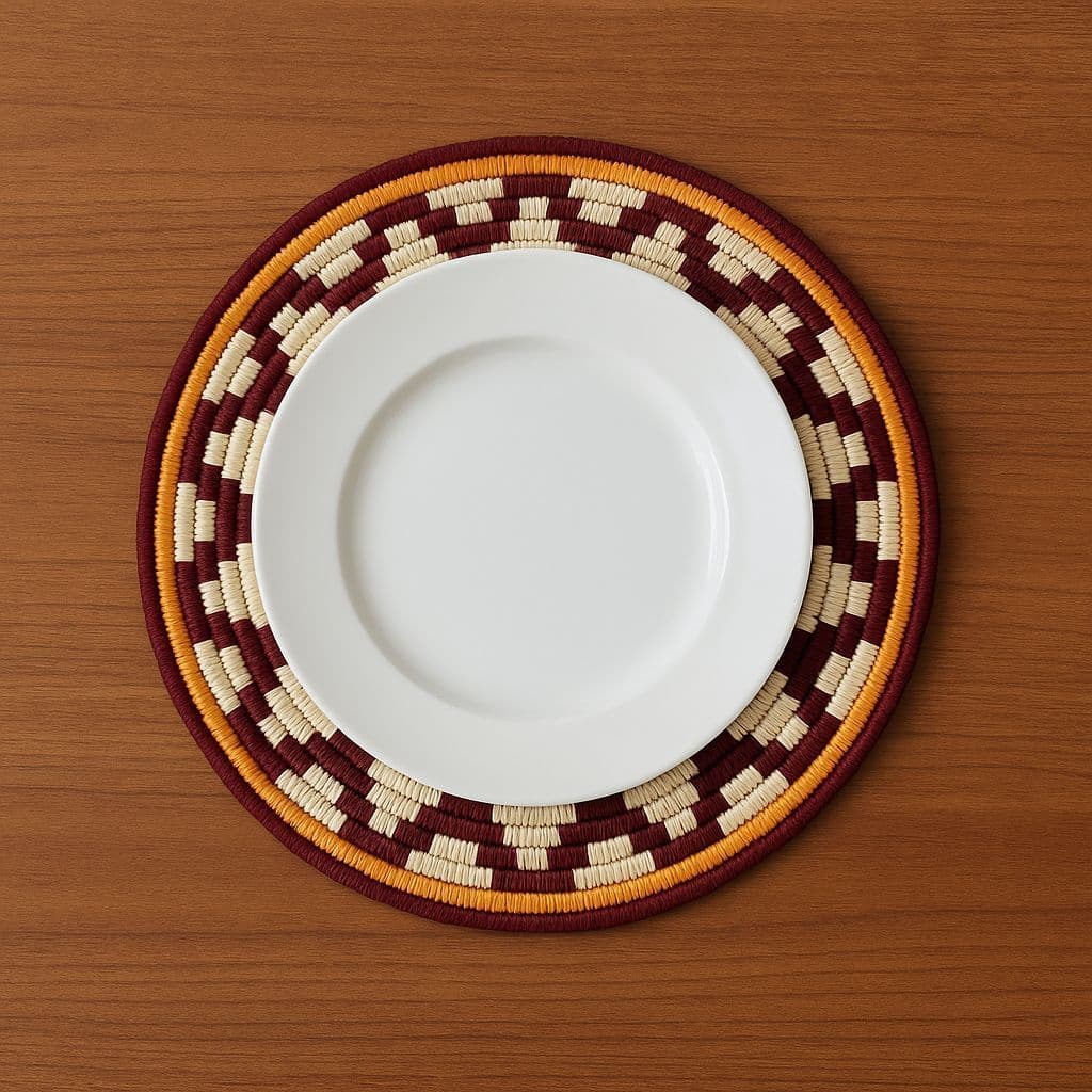 handmade-circular-coaster---maroon,-white,-and-yellow-weave1